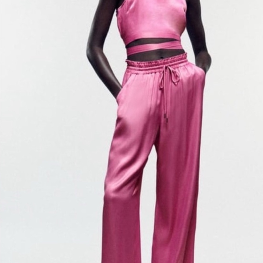 ZARA Satin Halter Crop Top and Drawstring pants in Pink
